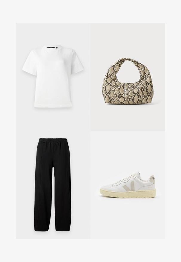 Fehér, rövid ujjú póló sima pamut anyagból, kör alakú nyakkivágással és laza szabással, varrott szegéllyel.; Fekete, bő szárú nadrág rugalmas derékkal és lábonként látható függőleges varratokkal, fehér háttér előtt.; Fehér bőr sneaker bézs velúr részletekkel, perforált orr résszel, lapos fűzőkkel és textúrált krémszínű talppal. Finom márkajelzés található a sarkán.; Kígyómintás kézitáska ívelt fogantyúval. Texturált, bézs és barna anyagból készült, jellegzetes gyémántmintával.