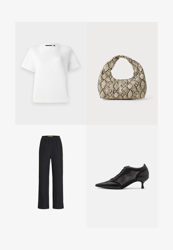 Bela kratka majica z dolgimi rokavi, izdelana iz gladkega bombažnega blaga, z okroglim izrezom in sproščenim krojem ter šivanimi robovi.; Črne široke hlače z elastičnim pasom, izdelane iz mehkega materiala, z gladko teksturo in sproščenim krojem po celotnih hlačah.; Črne čevlje z ostro nosom, zasnovane z mrežnim panelom, z nizko peto in vezalkami spredaj. Narejeni so iz kombinacije usnja in mrežnega materiala.; Torba z vzorom kače s ukrivljenim ročajem. Narejena iz teksturiranih, bež in rjavih materialov, ki imajo značilen diamante vzorec.