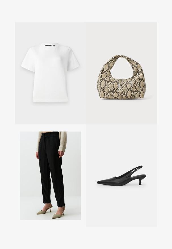 Witte T-shirt met korte mouwen van glad katoen, voorzien van een ronde halslijn en een ontspannen pasvorm met gestikte naden.; Zwarte, loszittende broeken met een bijeen geraapt, elastisch middel, gecombineerd met metallic, spitse hakken. Gladde textuur met een subtiele glans.; Zwarte leren slingback schoen met een puntige neus en een slanke, gebogen hak. Voorzien van een discrete verstelbare band met een metalen gesp.; Slangpatroon handtas met een gebogen handvat. Gemaakt van gestructureerde, beige en bruine materialen, met een kenmerkend ruitpatroon.