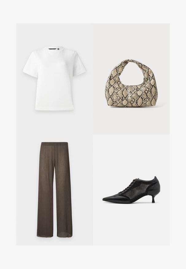 Biele tričko s krátkymi rukávmi vyrobené z hladkej bavlnenej tkaniny, s okrúhlym výstrihom a voľným strihom so zastrihnutými okrajmi.; Široké nohavice v tmavohnedej, ľahkej, textúrovanej tkanine s jemným padaním. Majú minimalistický dizajn a surové detaily na leme.; Čierna topánka s ostrou špičkou a sieťovaným panelom, s nízkym opätkom a šnurovaním vpredu. Vyrobená z kombinácie kože a sieťoviny.; Kabelka s hadím vzorom a zakriveným rukoväťou. Vyrobená z textúrovaných béžových a hnedých materiálov, s charakteristickým diamantovým vzorom.