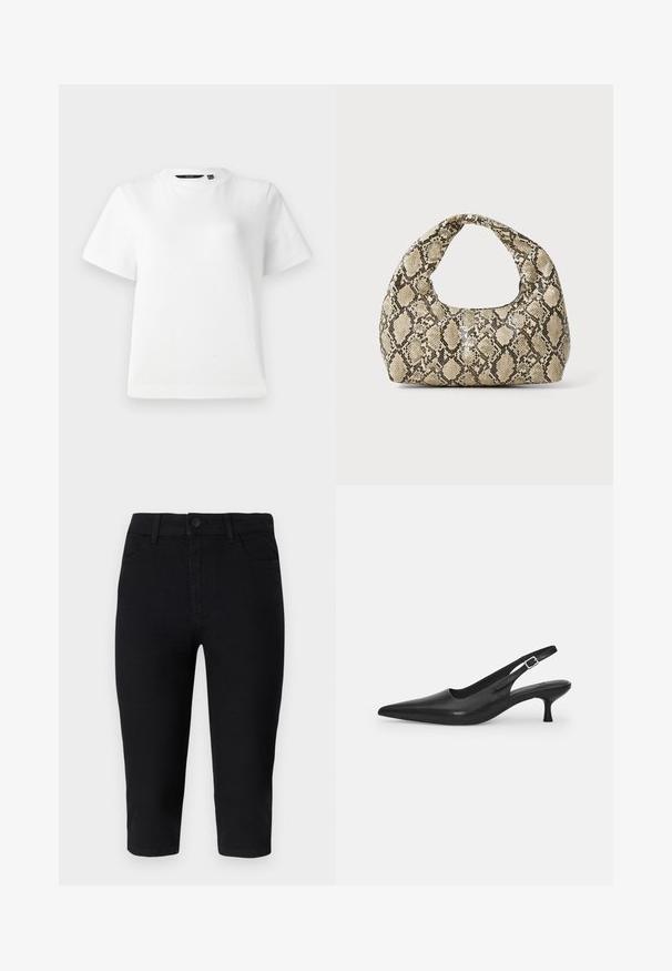 Tricou alb cu mânecă scurtă, dintr-un material de bumbac fin, cu guler rotund și o croială lejeră, având tivuri cusute.; Jeans din denim negri, scurți, cu un design ajustat, cinci buzunare, bucle pentru curea și închidere cu nasture la talie. Textură uniformă, detalii minime.; Sandal din piele neagră, cu vârf ascuțit și toc subțire, curbat. Are o curea ajustabilă discretă, cu o cataramă din metal.; Geantă cu imprimeu de șarpe, având un mâner curbat. Fabricată din materiale texturate, bej și maronii, cu un model distinctiv în formă de diamant.