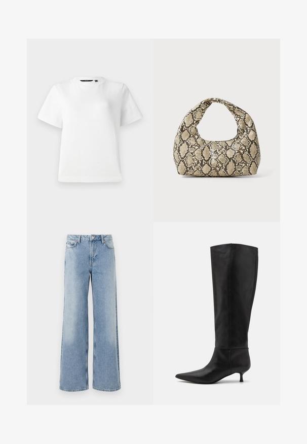 Valkoinen lyhythihainen T-paita, joka on valmistettu sileästä puuvillakankaasta. T-paidassa on pyöreä kaula-aukko ja rento istuvuus, jossa on ommellut saumat.; Vaaleansiniset leveät farkut, joissa on haalistunut pesu, viisi taskua, nappikiinnitys ja suorat helmavalinnat. Valmistettu pehmeästä denimistä.; Mustat nahkasaappaat, jotka ulottuvat polven ylle, teräväkärkiset ja kitten heel -korkoiset. Liukas pinta ja minimalistinen muotoilu ilman näkyviä varusteita tai koristeita.; Käärmeennahkakuosiset käsilaukku, jossa on kaareva kahva. Tehty teksturoiduista beigeistä ja ruskeista materiaaleista, joissa on erottuva timanttikuvio.