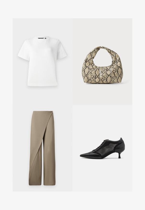 Hvit kortermet T-skjorte laget av glatt bomullsstoff, med rund hals og en avslappet passform med sømmer.; Beige vide bukser med draperet front, der har en enkelt knaplukning og en glat, let stoftekstur.; Svart spiss tå-sko med meshpaneldesign, med lav hæl og snøring foran. Laget av en kombinasjon av lær og meshmateriale.; Veske med slangeskinnmønster og krummet håndtak. Laget av teksturerte, beige og brune materialer, med et særegent diamantmønster.