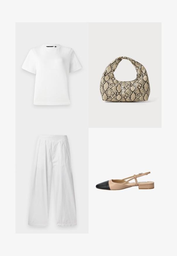 Witte T-shirt met korte mouwen van glad katoen, voorzien van een ronde halslijn en een ontspannen pasvorm met gestikte naden.; Witte wijde broekspijpen van een lichte stof. Heeft een losse pasvorm, plooien aan de voorkant en een elastische tailleband.; Beige en zwarte twee-tonen slingback schoen met een spitse neus, platte hak en kruislings banddetail. Gladde leren textuur.; Slangpatroon handtas met een gebogen handvat. Gemaakt van gestructureerde, beige en bruine materialen, met een kenmerkend ruitpatroon.