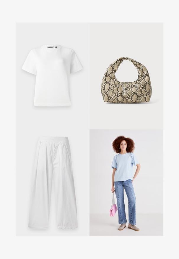 Fehér, rövid ujjú póló sima pamut anyagból, kör alakú nyakkivágással és laza szabással, varrott szegéllyel.; Fehér, széles lábú nadrág, könnyű anyagból készült. Jellemzője a laza szabás, a ráncolások elöl és a gumis derék.; Világoskék pamut póló rövid puffos ujjakkal, magas derekú farmernadrággal párosítva. A modellen egy kis rózsaszín kézitáska látható láncos pánttal.; Kígyómintás kézitáska ívelt fogantyúval. Texturált, bézs és barna anyagból készült, jellegzetes gyémántmintával.