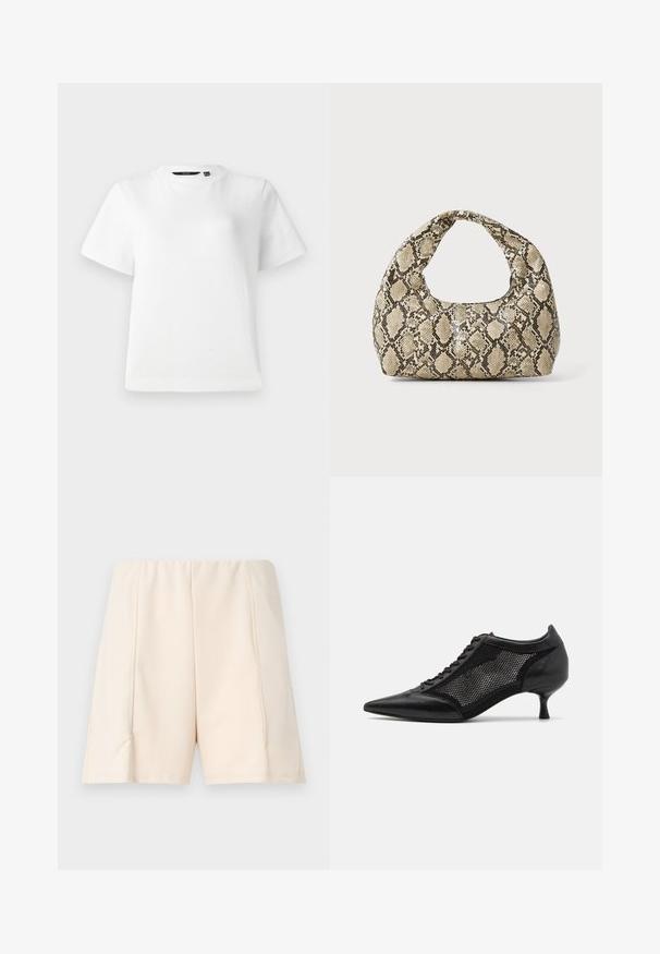 Biele tričko s krátkymi rukávmi vyrobené z hladkej bavlnenej tkaniny, s okrúhlym výstrihom a voľným strihom so zastrihnutými okrajmi.; Svetlo béžové šortky s hladkým povrchom, elastickým pásom a bočnými švami. Jednoduchý dizajn bez viditeľných vzorov alebo akcentov.; Čierna topánka s ostrou špičkou a sieťovaným panelom, s nízkym opätkom a šnurovaním vpredu. Vyrobená z kombinácie kože a sieťoviny.; Kabelka s hadím vzorom a zakriveným rukoväťou. Vyrobená z textúrovaných béžových a hnedých materiálov, s charakteristickým diamantovým vzorom.