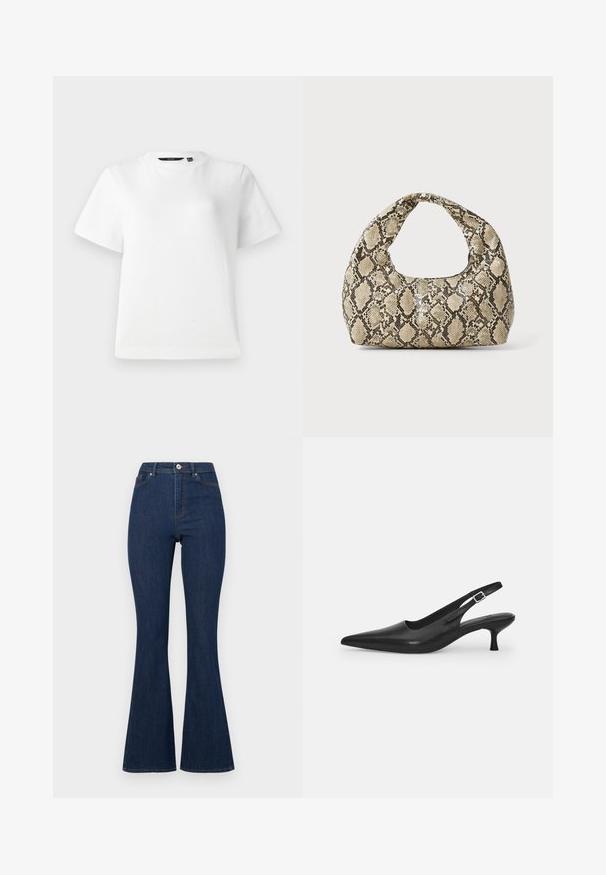 Tricou alb cu mânecă scurtă, dintr-un material de bumbac fin, cu guler rotund și o croială lejeră, având tivuri cusute.; Jeanși evazați din denim, de culoare albastru închis, cu talie înaltă, având fermoar și nasture, precum și cusături subtile de-a lungul cusăturilor.; Sandal din piele neagră, cu vârf ascuțit și toc subțire, curbat. Are o curea ajustabilă discretă, cu o cataramă din metal.; Geantă cu imprimeu de șarpe, având un mâner curbat. Fabricată din materiale texturate, bej și maronii, cu un model distinctiv în formă de diamant.