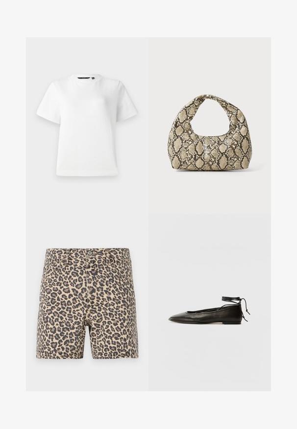 Fehér, rövid ujjú póló sima pamut anyagból, kör alakú nyakkivágással és laza szabással, varrott szegéllyel.; Beige és fekete leopárdmintás farmer rövidnadrág. Klasszikus öt zsebes kialakítás gombos zárással és övbújtatókkal. Sima textúra.; Fekete bőr balettcipők hegyes orral, bokakötővel és lapos talppal, sima textúrával és minimalista dizájnnal.; Kígyómintás kézitáska ívelt fogantyúval. Texturált, bézs és barna anyagból készült, jellegzetes gyémántmintával.