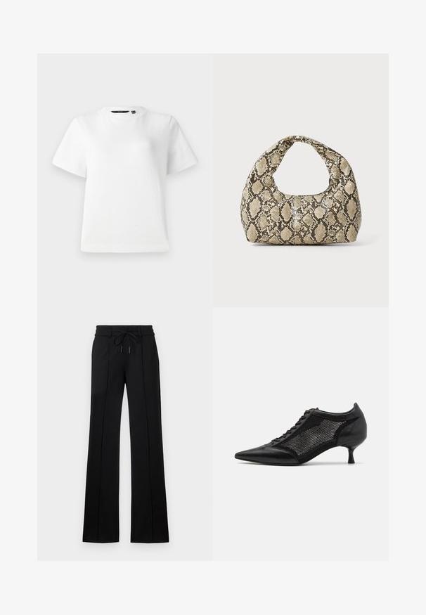 Hvit kortermet T-skjorte laget av glatt bomullsstoff, med rund hals og en avslappet passform med sømmer.; Sorte skreddersydde bukser med snor i midjen. Har rett passform, to frontsømmene og et glatt stoff med en lett glans.; Svart spiss tå-sko med meshpaneldesign, med lav hæl og snøring foran. Laget av en kombinasjon av lær og meshmateriale.; Veske med slangeskinnmønster og krummet håndtak. Laget av teksturerte, beige og brune materialer, med et særegent diamantmønster.