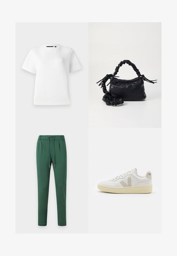 Witte T-shirt met korte mouwen van glad katoen, voorzien van een ronde halslijn en een ontspannen pasvorm met gestikte naden.; Groene joggingsbroek van zacht materiaal, met een elastische tailleband met trekkoord, taps toelopende benen en zijsplitdetails.; Witte leren sneaker met beige suède accenten, geperforeerde neus, platte veters en een gestructureerde crèmekleurige zool. Heeft subtiele branding op de hak.; Zwarte nepleer handtas met een krokodillenstructuur, opgedroogde bovenkant en een gekreukte hengsel. Het lijkt zacht en compact van ontwerp.