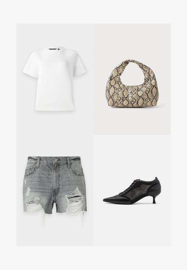 Bela kratka majica z dolgimi rokavi, izdelana iz gladkega bombažnega blaga, z okroglim izrezom in sproščenim krojem ter šivanimi robovi.; Sive kratke hlače iz denima z raztrganimi robovi in številnimi poškodovanimi področji, z gumbastim zapiranjem in dvema sprednjima žepoma.; Črne čevlje z ostro nosom, zasnovane z mrežnim panelom, z nizko peto in vezalkami spredaj. Narejeni so iz kombinacije usnja in mrežnega materiala.; Torba z vzorom kače s ukrivljenim ročajem. Narejena iz teksturiranih, bež in rjavih materialov, ki imajo značilen diamante vzorec.