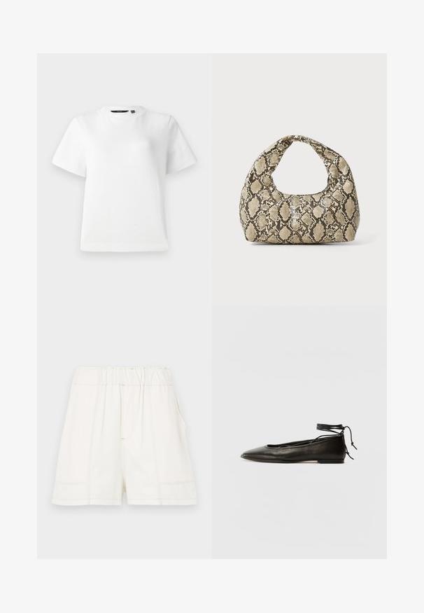 Witte T-shirt met korte mouwen van glad katoen, voorzien van een ronde halslijn en een ontspannen pasvorm met gestikte naden.; Witte katoenen shorts met een elastische tailleband, voorzien van zijzakken en zichtbare naden voor extra textuur.; Zwarte leren balletschoenen met een spitse neus, enkelbandje en platte zool, voorzien van een gladde textuur en minimalistisch ontwerp.; Slangpatroon handtas met een gebogen handvat. Gemaakt van gestructureerde, beige en bruine materialen, met een kenmerkend ruitpatroon.