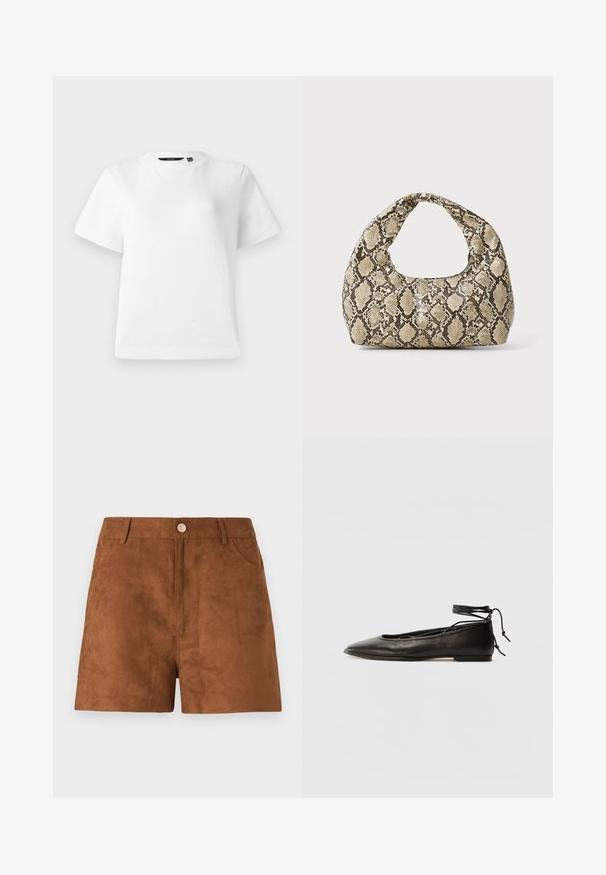 Weißes T-Shirt mit kurzen Ärmeln aus glattem Baumwollstoff, ausgestattet mit einem runden Halsausschnitt und einem lässigen Schnitt mit genähten Säumen.; Braune Wildledershorts mit glatter Textur, mit einem vorderen Knopfverschluss und Seitentaschen. Gerade geschnitten und in mittellanger Länge bis zum Oberschenkel.; Schwarze Leder-Ballerinas mit spitzem Zehenbereich, Knöchelband und flacher Sohle, die eine glatte Textur und ein minimalistisches Design aufweisen.; Schlangenmuster-Tasche mit einem gebogenen Griff. Hergestellt aus strukturierten, beige- und braunfarbenen Materialien, die ein markantes Diamantmuster aufweisen.