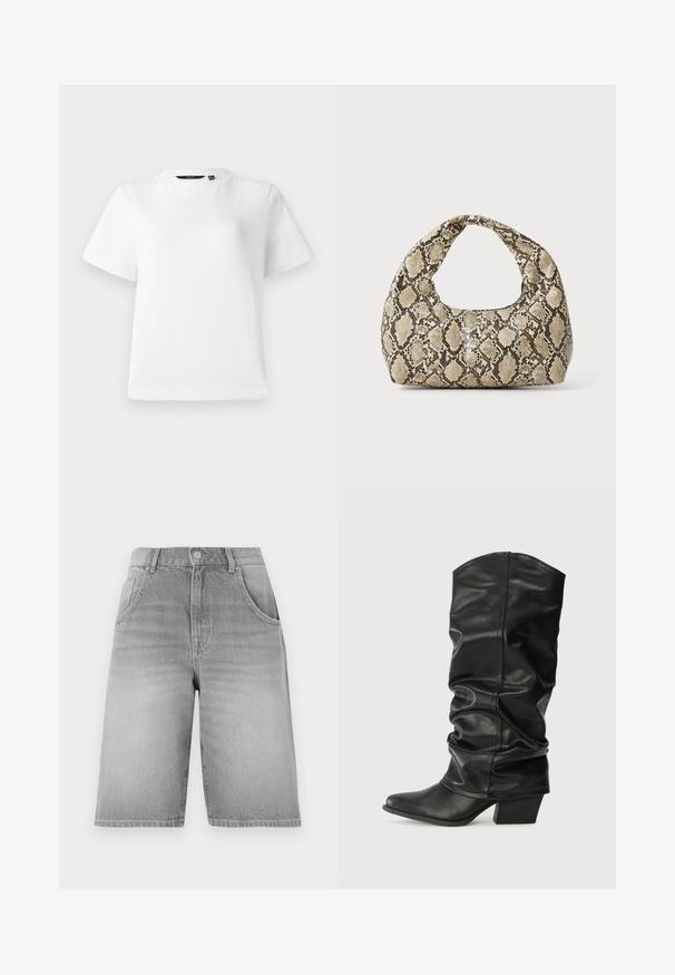 White short-sleeve T-shirt made of smooth cotton fabric, featuring a crew neckline and a relaxed fit with stitched hems.; Gray denim shorts with a straight cut, featuring a button and zipper closure, two front pockets, and a faded texture.; Black leather knee-high boots with a slouched design, pointed toe, and a chunky heel, featuring smooth texture and minimal stitching.; Snake-print handbag with a curved handle. Made from textured, beige and brown materials, featuring a distinctive diamond pattern.