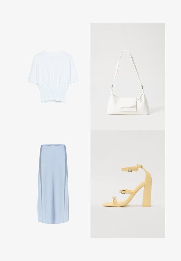 Weißes T-Shirt mit kurzen Ärmeln, lockerer Passform und gerafftem Stoff an der Taille. Aus weichem, leichtem Material gefertigt.; Seiden-Midi-Rock in Hellblau, mit glatter, glänzender Textur, geradem Schnitt und subtiler Ausstrahlung. Der Saum endet knapp unter dem Knie.; Gelbe Blockabsatzsandalen mit drei verstellbaren Riemen, quadratischer Zehenform, glattem synthetischem Material und silberfarbenen Schnallen.; Weiße synthetische Handtasche in dreieckiger Form, flache Vorderklappe und Schleifendetail, verstellbarer Trageriemen, glatte Textur und minimalistisches Design.