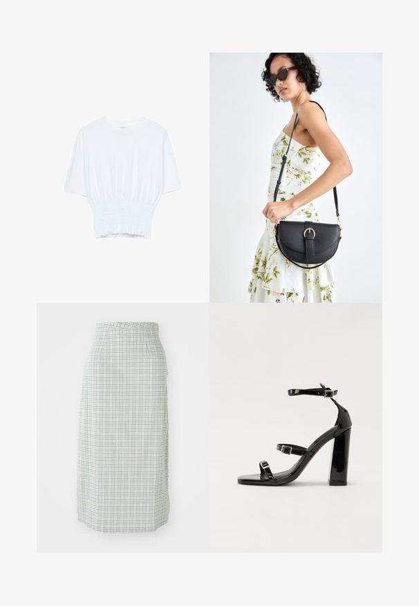 Hvid kortærmet T-shirt med afslappet pasform og smocked tekstur ved taljen. Lavet af blødt, letvægtsstof.; En knælang nederdel i et lysegrønt og hvidt ternet mønster, med en glat tekstur og en tætsiddende silhuet med sidelommer.; Sorte patenterede hælsandaler med firkantet tå, ankelremme og sølvspænder. Har en chunky blokHæl for stabilitet.; Sort læderhåndtaske med en buet form, aftagelig rem og guldfinish. Tasken har en klap med en spænde detalje.