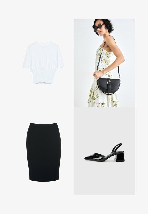 Bílý tričko s krátkým rukávem, se volným střihem a nařasenou texturou v pase. Vyrobeno z měkkého, lehkého materiálu.; Černá tužková sukně s vypasovaným střihem, vyrobená z hladkého, elastického materiálu. Má středně vysoký pas a délku po kolena.; Černé lakované kožené lodičky na pásku s špičatou špičkou a geometrickým blokovým podpatkem. Vyznačují se elegantním, minimalistickým designem a hladkým povrchem.; Černá kožená kabelka s křivkovým tvarem, odnímatelným popruhem a zlatými detaily. Kabelka má klopu s přezkou.