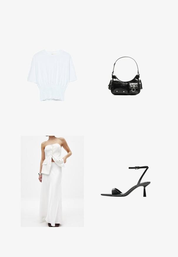 Vit kortärmad t-shirt med avslappnad passform och smockad textur vid midjan. Tillverkad av mjukt, lätt material.; Vitt tvådelat plagg bestående av en axelbandslös topp med knappar och fickor, kombinerat med en lång, flödande kjol. Slät tyg och rena linjer.; Bershka Sandaletter - black; Svart lackläderhandväska med en rundad form, en axelrem, framfickor och detaljer i silverfärg.
