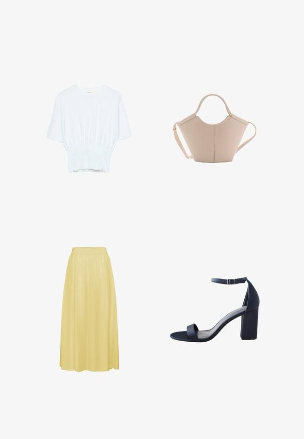Weißes T-Shirt mit kurzen Ärmeln, lockerer Passform und gerafftem Stoff an der Taille. Aus weichem, leichtem Material gefertigt.; Gelbe, knöchellange Rock aus glattem, leichtem Stoff. Verfügt über einen elastischen Bund und ein fließendes Design mit dezentem Glanz.; Marineblaue High-Heel-Sandale mit glatter Textur, breitem Riemen über den Zehen, Knöchelriemen und einem Blockabsatz für Stabilität.; Beige Lederhandtasche mit einer einzigartigen Form, die zwei kurze Henkel und einen langen verstellbaren Riemen aufweist. Glatte Textur mit minimalen Hardware-Elementen.