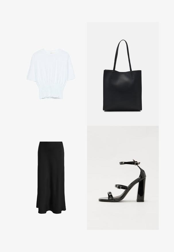 Valkoinen lyhythihainen t-paita, jossa on rento leikkaus ja frillattu tekstuuri vyötäröllä. Valmistettu pehmeästä, kevyestä kankaasta.; Musta hame, joka on valmistettu sileästä kankaasta; siinä on tiukka vyötärö ja levenevä helma, mikä luo suoran, virtaviivaisen siluetin ilman näkyviä kiinnityksiä.; Musta kiiltäväpintainen korkokengät, joissa on kaksi solkikiinnitystä, neliönmuotoinen kärki ja paksu korko, sileällä, kiiltävällä pintarakenteella.; Mustapahkainen kangaskassi, jossa on sileä pinta, suorakaiteen muotoinen ja kaksi pitkää kahvaa. Ei näkyvää metalliosaa tai koristeita.