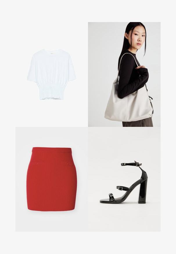 Weißes T-Shirt mit kurzen Ärmeln, lockerer Passform und gerafftem Stoff an der Taille. Aus weichem, leichtem Material gefertigt.; Roter gerippter Strickrock mit taillierter Passform, der zwei kleine geknöpfte Taschen auf der Vorderseite und einen glatten Taillenbund aufweist.; Schwarze patentierte Sandalen mit Absatz, quadratischer Spitze, Knöchelriemen und silbernen Schnallen. Mit einem stabilen Blockabsatz für mehr Stabilität.; Beige Handtasche aus weichem Material, mit einem lässigen Design, gesteppten Details und zwei Schulterriemen. Geeignet für den täglichen Gebrauch.