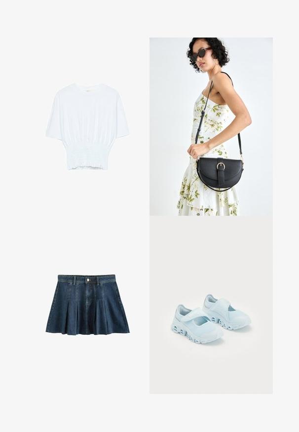 Bela majica s kratkimi rokavi sproščenega kroja in z gubanim materialom na pasu. Narejena iz mehkega, lahkega blaga.; Next REGULAR FIT - Mini krilo - dark blue; Svetlo modri športni copati z mrežasto tkanino, izrazitimi izrezi v podplatu in Velcro trakom čez vrh za varen oprijem.; Črna usnjena torbica s ukrivljeno obliko, z odstranljivo naramnico in zlatimi dodatki. Torbica ima pokrov s podrobnostmi v obliki zaponke.