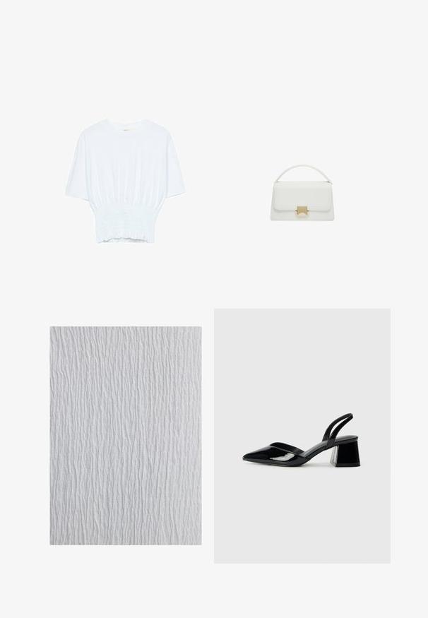 Biela krátka T-shirt s voľným strihom a zlaceným textúrou v oblasti pása. Vyrobená z mäkkého, ľahkého materiálu.; Biela textúrovaná tkanina s vlnkovým vzorom, obsahujúca vertikálne pruhy rôznej hrúbky, čím vytvára vlnitý vzhľad po celej ploche.; Čierne lakované kožené sandálové podpätky s špicatou špičkou a geometrickým blokovým podpätkom. Disponujú elegantným, minimalistickým dizajnom a hladkým povrchom.; Biela kožená kabelka so štruktúrovaným dizajnom, vybavená hornou rukoväťou a zlatou sponou. Hladká textúra a minimalistické akcenty.