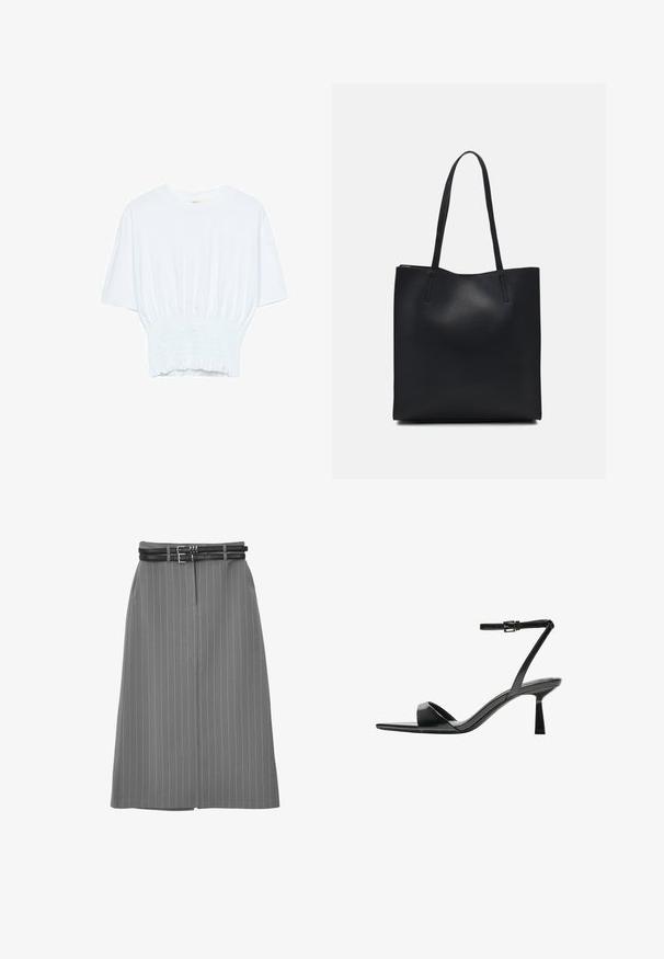 Weißes T-Shirt mit kurzen Ärmeln, lockerer Passform und gerafftem Stoff an der Taille. Aus weichem, leichtem Material gefertigt.; Grauer Nadelstreifenrock mit geradem Schnitt, einer vorderen Falte und einem doppelten schwarzen Gürteldetail an der Taille.; Bershka High Heel Sandalette - black; Schwarze Laptoptasche aus Leder mit glatter Textur, rechteckiger Form und zwei langen Griffen. Keine sichtbaren Beschläge oder Verzierungen.