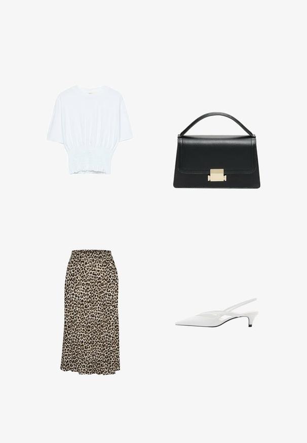 T-shirt blanc à manches courtes avec une coupe décontractée et une texture froncée à la taille. Fabriqué en tissu doux et léger.; Jupe en imprimé léopard fabriquée en tissu léger, dotée d'une taille élastique et d'une silhouette évasée atteignant la mi-mollet.; Escarpin blanc à brides arrière avec un bout pointu, présentant un dessus lisse, des découpes discrètes et un petit talon bloc. La semelle noire met en valeur le design.; Sac à main en cuir noir au design structuré, avec une poignée supérieure et un détail de fermoir en métal doré à l'avant. Texture lisse, couture minimale.
