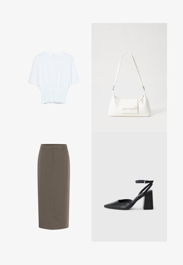 Weißes T-Shirt mit kurzen Ärmeln, lockerer Passform und gerafftem Stoff an der Taille. Aus weichem, leichtem Material gefertigt.; Khaki Bleistiftrock, knielang, aus glattem Stoff. Verfügt über eine taillierte Taille, vordere Falten und klare Linien. Keine Taschen oder sichtbare Beschläge.; Schwarze Leder-Pumps mit spitzer Zehe, einem Knöchelriemen und einem blockigen Absatz. Flache Textur, elegantes Design und minimalistische Ästhetik.; Weiße synthetische Handtasche in dreieckiger Form, flache Vorderklappe und Schleifendetail, verstellbarer Trageriemen, glatte Textur und minimalistisches Design.