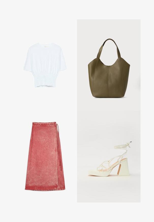 Hvid kortærmet T-shirt med afslappet pasform og smocked tekstur ved taljen. Lavet af blødt, letvægtsstof.; Rød denim omslagsnederdel med falmet vaskeeffekt, ankellang, med en sidelukning og syet kant.; Hvide højhælede sandaler med en kraftig hæl, der har et stropdesign og ankelbinding. Glat tekstur med en platform foran for ekstra højde.; Oliven grøn læder tote taske med dobbelte håndtag, glat tekstur og fire panel design. Forstærket syning langs sømmene for holdbarhed.