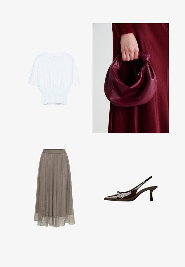 T-shirt bianco a maniche corte con una vestibilità rilassata e una texture smock in vita. Realizzato in tessuto morbido e leggero.; Gonna maxi plissettata in taupe, con una vita liscia e una silhouette fluida. Realizzata in materiale leggero e trasparente con una fine texture.; Scarpa slingback in pelle verniciata marrone con punta appuntita, tacco basso e un accentuato fiocco decorativo nella parte anteriore. Texture liscia e lucente.; Borsa in pelle bordeaux con un design morbido e arricciato e una forma arrotondata. Il manico è fissato, mostrando una texture liscia.