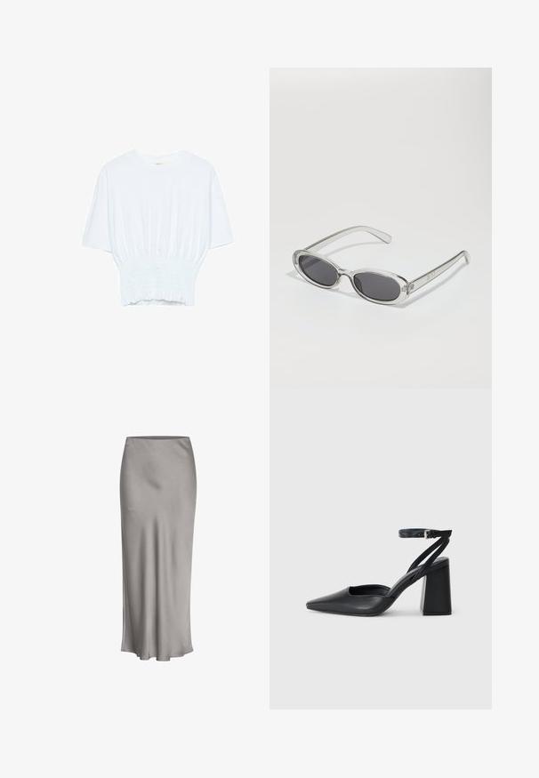Vit kortärmad t-shirt med avslappnad passform och smockad textur vid midjan. Tillverkad av mjukt, lätt material.; Grå satin midi-kjol med en slät textur, en lätt lyster och en utsvängd nederkant, som har en enkel och ren design genom hela plagget.; Svart läderpumps med spetsig tå, ankelrem och kraftig klack. Slät textur, stilren design och minimalistisk estetik.; Sunglasses med oval form, klar plastbygel, mörkgrå linser och tunna genomskinliga armar med logotypsaccent och minimalt detaljerad design.