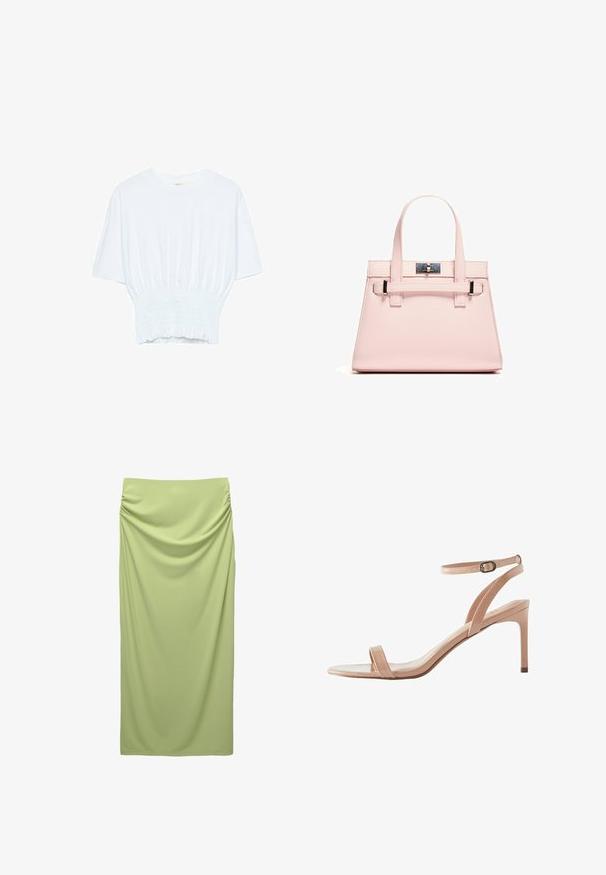 Bijela majica kratkih rukava s opuštenim krojem i nabrano teksturom na struku. Izrađena od mekog, laganog materijala.; Suknja do poda visoko strukirana od mekog, svijetlo zelenog materijala. Ima nabore sa strane za teksturu i drapiranje.; Next FOREVER COMFORT SIMPLE - Sandale - nude; Ružičasta strukturirana torba od teksturirane kože, s dva gornja ručka, zatvaranjem na kopču i kontrastnim metalnim detaljima.