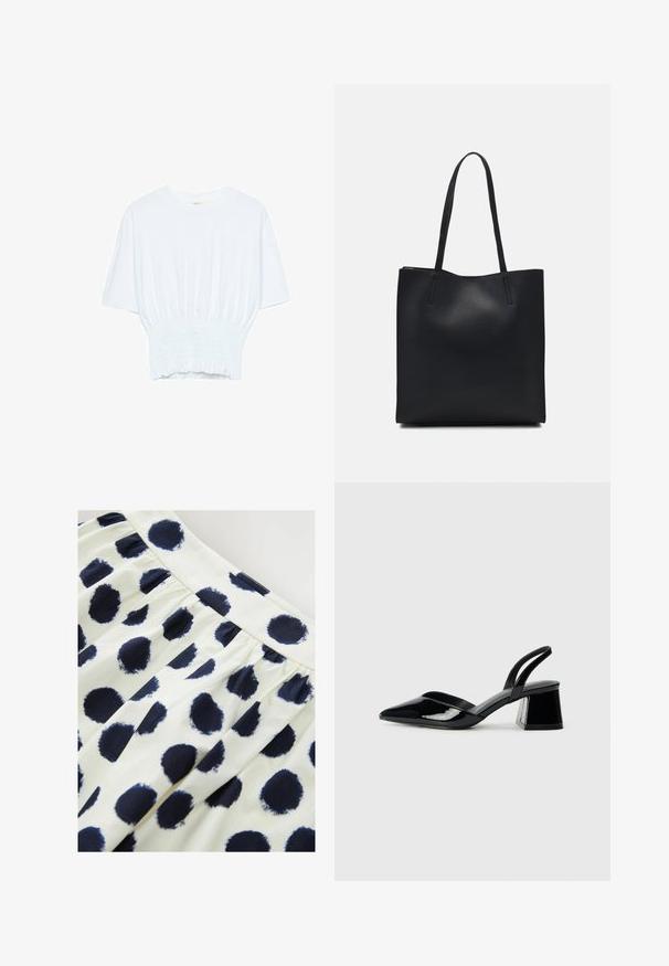 Weißes T-Shirt mit kurzen Ärmeln, lockerer Passform und gerafftem Stoff an der Taille. Aus weichem, leichtem Material gefertigt.; Weißer Stoffrock mit navyblauen runden Pünktchen. Der Rock hat eine geraffte Taille und eine glatte Textur.; Schwarze Lackleder-Slingback-High Heels mit spitzem Schuh und einem geometrischen Blockabsatz. Verfügt über ein schlankes, minimalistisches Design und eine glatte Textur.; Schwarze Laptoptasche aus Leder mit glatter Textur, rechteckiger Form und zwei langen Griffen. Keine sichtbaren Beschläge oder Verzierungen.