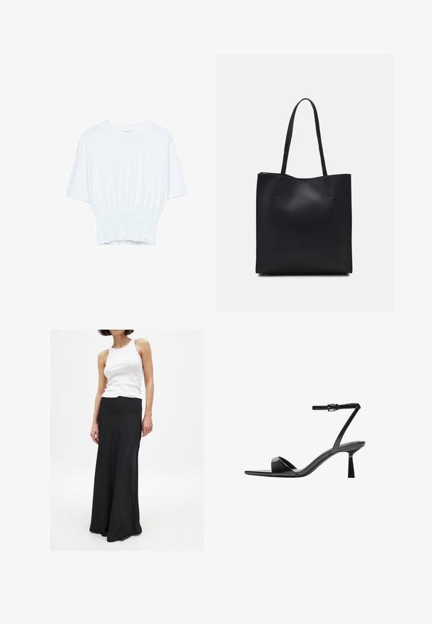 Bela majica s kratkimi rokavi sproščenega kroja in z gubanim materialom na pasu. Narejena iz mehkega, lahkega blaga.; Črna dolga krila iz gladkega materiala, z oprijetim pasom in rahlim razširjenjem proti robu. V kombinaciji z belim topom brez rokavov.; Bershka Sandali z visoko peto - black; Črna usnjena torba s svilnato teksturo, pravokotne oblike in dvema dolgima ročajema. Brez vidnih metalnih delov ali okrasnih elementov.