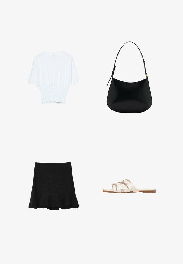 T-shirt blanc à manches courtes avec une coupe décontractée et une texture froncée à la taille. Fabriqué en tissu doux et léger.; Mini jupe noire en tissu texturé, avec un ourlet évasé. Design simple sans matériel ou motifs visibles.; Sandales plates avec une semelle en caoutchouc beige, conçues avec trois brides en cuir blanc se chevauchant et un petit nœud au centre.; Sac à épaule en cuir noir avec une texture lisse, une forme courbe et une poignée ajustable. Présente des coutures minimales et un design simple.