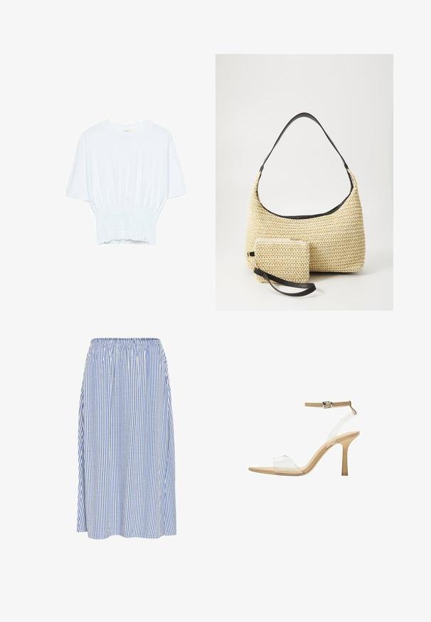 Valkoinen lyhythihainen t-paita, jossa on rento leikkaus ja frillattu tekstuuri vyötäröllä. Valmistettu pehmeästä, kevyestä kankaasta.; Kevyt, tuulen viemä midi-hame, jossa on pystysuorat siniset ja valkoiset raidat, joustava vyötärö ja valuva muotoilu.; Kirkas korkokenkä läpinäkyvällä varrella, beigellä pohjalla ja hoikalla nilkkahihnalla. Ominaisuuksiin kuuluu terävä kärki ja ohut korkea korko.; Kudottu olkikassi kaarevalla siluetilla, jossa on sileä musta nahkaremmi ja siihen kiinnitetty yhteensopiva pieni pussukka rannekahvalla.