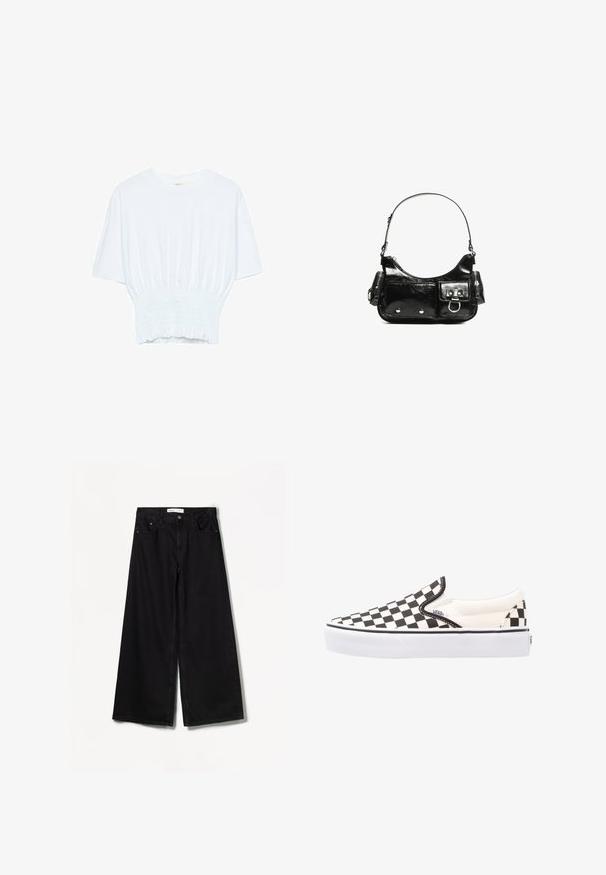 White short-sleeve T-shirt with a relaxed fit and smocked texture at the waist. Made of soft, lightweight fabric.; Bershka WIDE-LEG - Wide Leg - black; Black and white checkered slip-on Vans shoes with a canvas upper, rubber outsole, and padded collar. Flat, round toe with white sole accents.; Black patent leather handbag with a curved shape, one shoulder strap, front pockets, and silver-tone hardware accents.