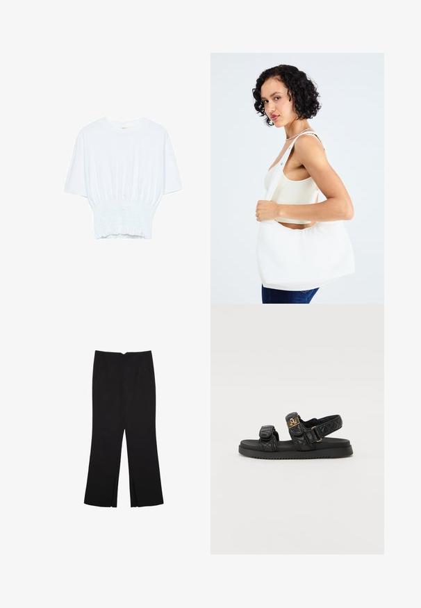 Hvid kortærmet T-shirt med afslappet pasform og smocked tekstur ved taljen. Lavet af blødt, letvægtsstof.; Sorte bukser med lige pasform, der har frontlommer og slidser i kanten. Lavet af blødt, glat stof. Velegnet til forskellige anledninger.; Sorte quiltede sandaler med to justerbare stropper, guldfarvede detaljer og en tekstureret sort sål. Slankt og moderne design.; Hvid skuldertaske lavet af glat materiale med en oval udskæring og bred stropdesign. Enkel og moderne med ingen synlig hardware.