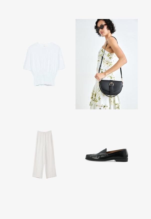 Bijela majica kratkih rukava s opuštenim krojem i nabrano teksturom na struku. Izrađena od mekog, laganog materijala.; Bijele hlače širokih nogavica napravljene od lagane tkanine. Imaju elastičan pojas s ušicom i bočne džepove. Glatka tekstura.; Crne kožne mokasinke imaju gornji dio u stilu mokasina s povišenim šavovima i ravnim gumiranim đonom. Dizajn je minimalistički bez vidljivih ukrasa.; Crna kožna torba s lukovitim oblikom, odvojivim remenom i zlatnim detaljima. Torba ima preklop s kopčom.