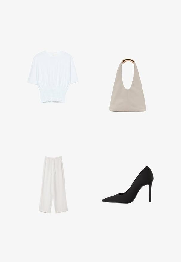 Valkoinen lyhythihainen t-paita, jossa on rento leikkaus ja frillattu tekstuuri vyötäröllä. Valmistettu pehmeästä, kevyestä kankaasta.; Valkoiset leveälahkeiset housut kevyestä kankaasta. Ominaisuuksiin kuuluu elastinen vyötärö, jossa on nauhakuuluma ja sivutaskut. Sileä rakenne.; Musta korkeakorkoinen korkokenkä teräväkärkisellä, hienostuneella satiinipinnalla ja stiletto-korkealla. Suunniteltu hienovaraisella leikkuulla sivussa.; Vaalea harmaa nahkalaukku, jossa on U-muotoinen muotoilu ja kaareva metallikahva. Suora pinta, jossa on minimaalinen ompelu ja ei näkyviä kuvioita.