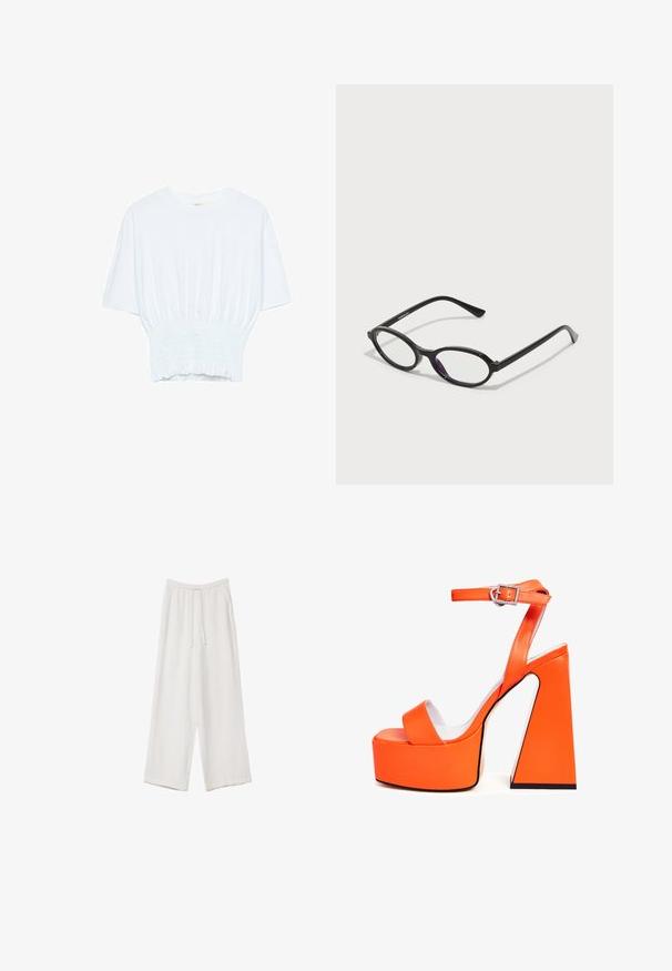 Biała koszulka z krótkim rękawem o luźnym kroju i marszczonym wykończeniu w talii. Wykonana z miękkiego, lekkiego materiału.; Białe spodnie o szerokich nogawkach wykonane z lekkiego materiału. Posiadają elastyczny pas z sznurkiem i boczne kieszenie. Gładka tekstura.; Pomarańczowe sandały na platformie z kwadratowym obcasem, szerokim paskiem na palcach i zapięciem na kostkę. Gładkie, błyszczące wykończenie.; Czarne okulary w owalnej oprawie z przezroczystymi fioletowymi akcentami na soczewkach. Oprawki mają matowe wykończenie oraz smukłe, proste zauszniki.