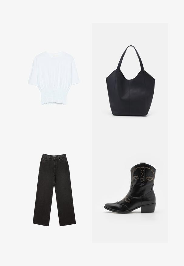 Biała koszulka z krótkim rękawem o luźnym kroju i marszczonym wykończeniu w talii. Wykonana z miękkiego, lekkiego materiału.; Czarne dżinsy o szerokich nogawkach, wykonane z denimu, w małe kropeczki, klasyczny pięć kieszeniowy fason oraz zapięcie na guzik i suwak.; Czarne skórzane kowbojskie buty z ozdobnym pomarańczowym szwem i wyciętym wzorem. Posiadają krótki, składany obcas oraz spiczasty czubek.; Czarna torba na ramię wykonana z gładkiej skóry, z zaokrąglonym, otwartym topem i dwoma paskami na ramię oraz minimalistycznym designem.