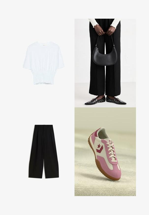 Bílý tričko s krátkým rukávem, se volným střihem a nařasenou texturou v pase. Vyrobeno z měkkého, lehkého materiálu.; Černé kalhoty s širokými nohavicemi vyrobené z hladkého materiálu, s vysokým pasem, sklady vpředu a bez viditelných ozdob nebo vzorů.; Růžové a bílé tenisky s gumovou, texturovanou podrážkou. Obsahují hvězdičkové logo a kontrastní akcenty. Hladký svršek s šněrováním.; Černá kožená kabelka přes rameno s kulatým tvarem, lesklým povrchem a stříbrnými kovovými prvky. Osoba v černých širokých kalhotách a s ozdobenými mokasíny.