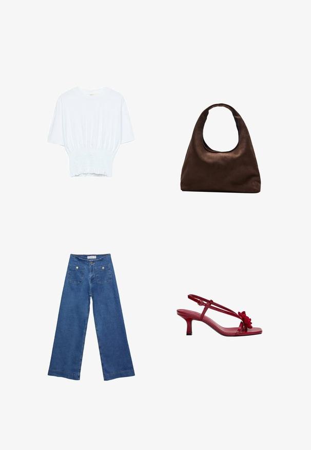 Weißes T-Shirt mit kurzen Ärmeln, lockerer Passform und gerafftem Stoff an der Taille. Aus weichem, leichtem Material gefertigt.; Denim-Hosen im weiten Schnitt mit einer mittleren blauen Waschung, zwei Vordertaschen mit Knopfverschluss und genähten Details entlang der Säume.; Rote Leder-Slingback-Absätze mit quadrater Zehenpartie, dünnen Riemen und einem strukturierten Blumenakzent an der Vorderseite. Der Stiletto-Absatz ist etwa 6,5 cm hoch.; Weiche braune Hobo-Stil Handtasche mit einem einzigen breiten Trageriemen und einer geschwungenen Oberteilöffnung, auf einem weißen Hintergrund präsentiert.
