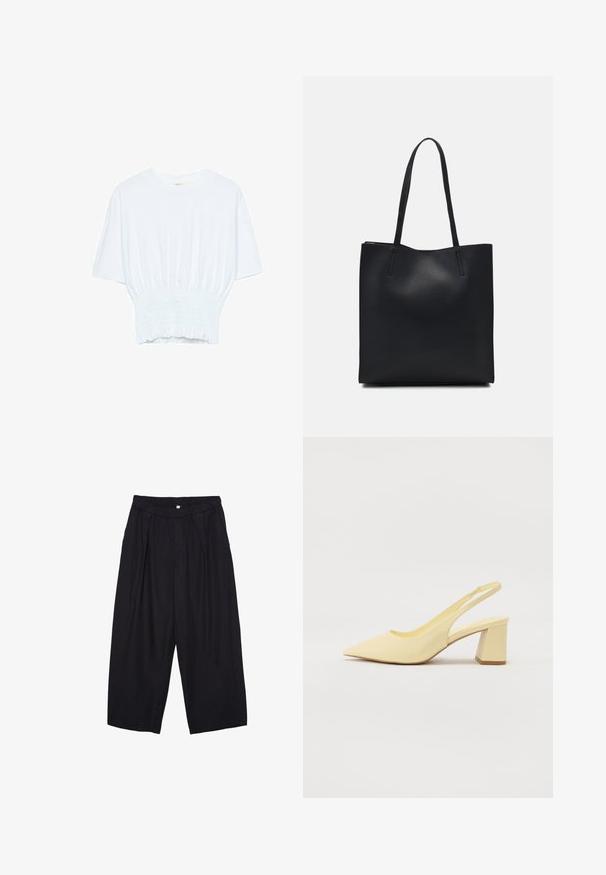 T-shirt bianco a maniche corte con una vestibilità rilassata e una texture smock in vita. Realizzato in tessuto morbido e leggero.; Pantaloni culotte neri in poliestere con una cintura elastica, due pieghe frontali e una silhouette ampia. Nessun motivo visibile o dettagli in metallo.; Pumps beige a punta con tacco a blocco, finitura liscia e dettagli con cinturino elastico su uno sfondo neutro.; Borsa tote in pelle nera con texture liscia, forma rettangolare e due manici lunghi. Nessun hardware o decorazione visibile.