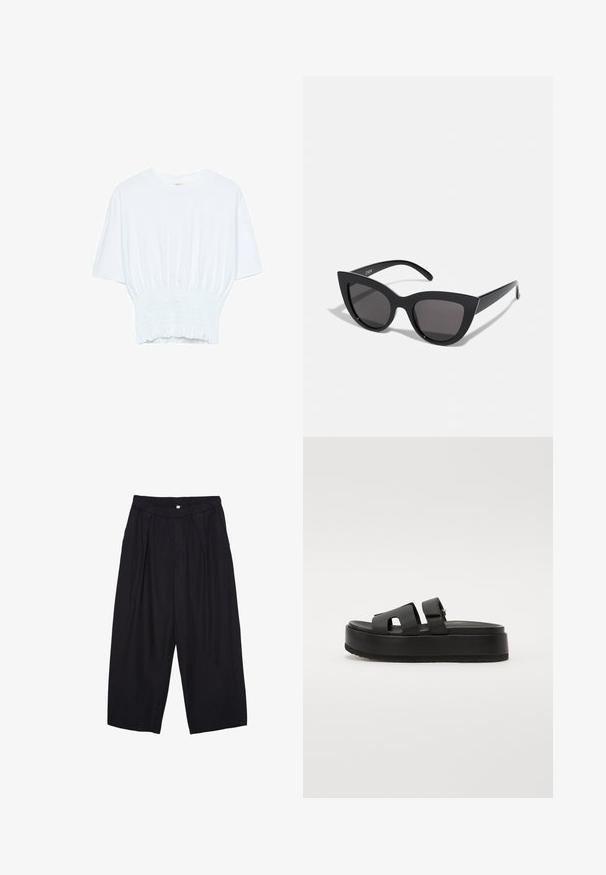 White short-sleeve T-shirt with a relaxed fit and smocked texture at the waist. Made of soft, lightweight fabric.; Black polyester culotte pants with an elastic waistband, two front pleats, and a loose silhouette. No visible patterns or hardware details.; Black platform sandals with two wide straps, made of smooth material. Features a chunky sole with a textured bottom for grip.; Black cat-eye sunglasses with a matte finish, featuring gray tinted lenses, sharp angles, and sleek side arms. Brand name visible on the inner arm.; Beige leather handbag with a unique shape, featuring two short handles and a long adjustable strap. Smooth texture with minimal hardware.