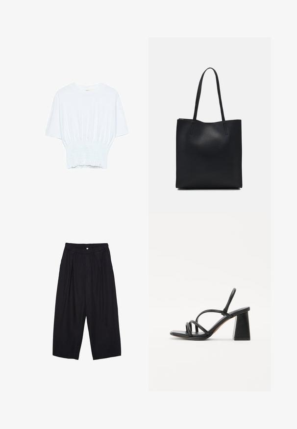 Bela majica s kratkimi rokavi sproščenega kroja in z gubanim materialom na pasu. Narejena iz mehkega, lahkega blaga.; Črne poliesterske culotte hlače z elastičnim pasom, dvema sprednjima nabiranjema in ohlapnim krojem. Brez vidnih vzorcev ali kovinskih detajlov.; Črne sandale s peto v obliki kvadrata, s široko peto in več tanjšimi trakovi čez stopalo ter odprtim dizajnom hrbta. Gladka usnjena tekstura.; Črna usnjena torba s svilnato teksturo, pravokotne oblike in dvema dolgima ročajema. Brez vidnih metalnih delov ali okrasnih elementov.