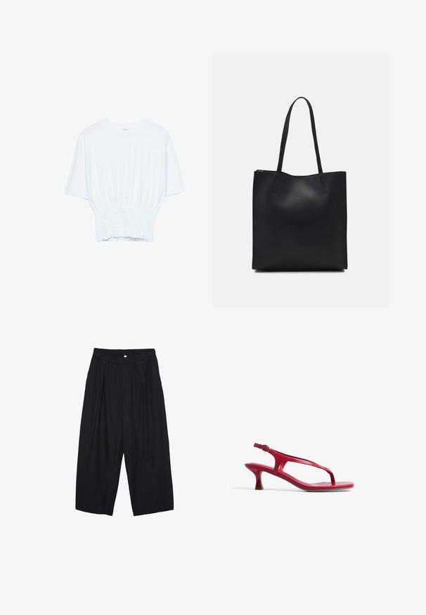 Hvid kortærmet T-shirt med afslappet pasform og smocked tekstur ved taljen. Lavet af blødt, letvægtsstof.; Sorte polyester culotte bukser med elastisk talje, to forpiber og en løs silhuet. Ingen synlige mønstre eller hardware detaljer.; Rød, lakeret lædersandal med en tynd tårem og justerbar ankelrem. Har en lav, afsmalnet hæl og flad såldesign.; Sort læder tote taske med glat tekstur, rektangulær form og to lange hanke. Ingen synlig hardware eller udsmykninger.